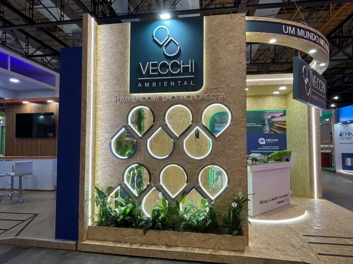 Painel de gotas iluminadas do stand da Vecchi Ambiental montado pela Central Eventos